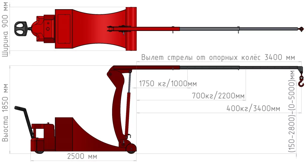 Параметры Мини-кран КЭТС МС-5-1750 с противовесом и складной вертикальной стрелой