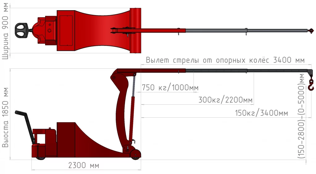 Параметры Мини-кран КЭТС МС-5-750 с противовесом и складной вертикальной стрелой